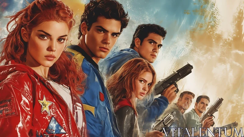 Heroic youth squad poised with weapons in vivid jackets.