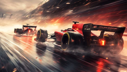 Red formula race cars charge through wet neon speedway.