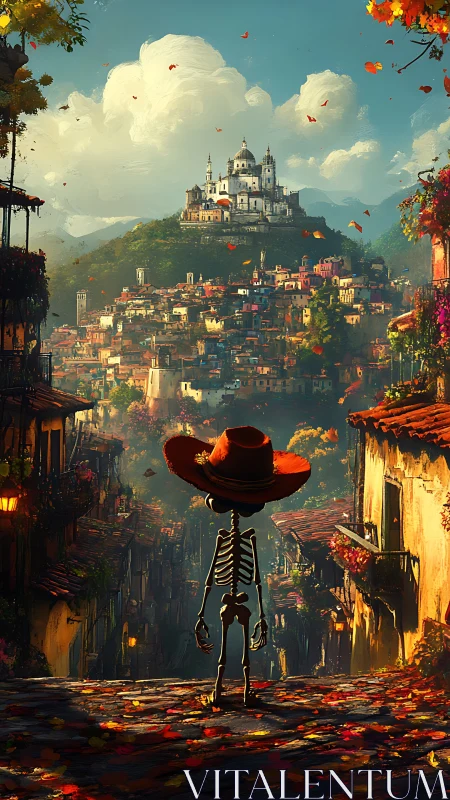 Skeleton in red sombrero overlooks colorful hillside city