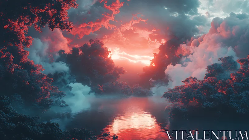 Surreal red forest lake under glowing sunset clouds.