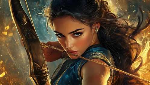 Woman archer draws bowstring with intense forward gaze