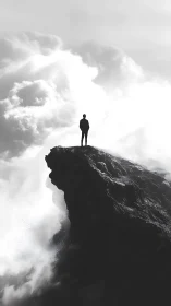 Solitary figure rests on a misty cliff above drifting clouds