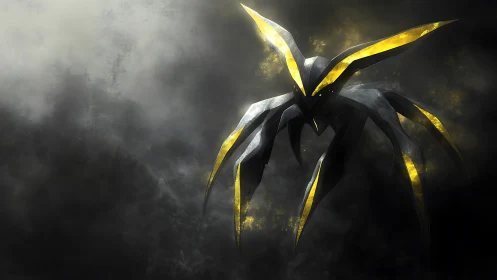 Angular voidborne mech-arachnid emerging from turbulent haze.