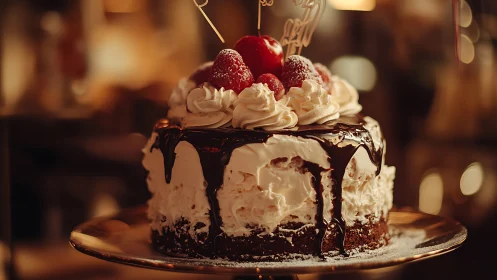 Decadent Chocolate Cake with Raspberries and Cream.