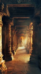Sunlit stone corridor leads toward distant temple statue.