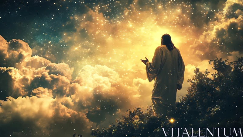 Robe-clad figure in illuminated cloudscape with dense starlight.