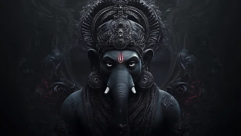 Monochrome 3D Ganesh bust with ornate crown and dark aura