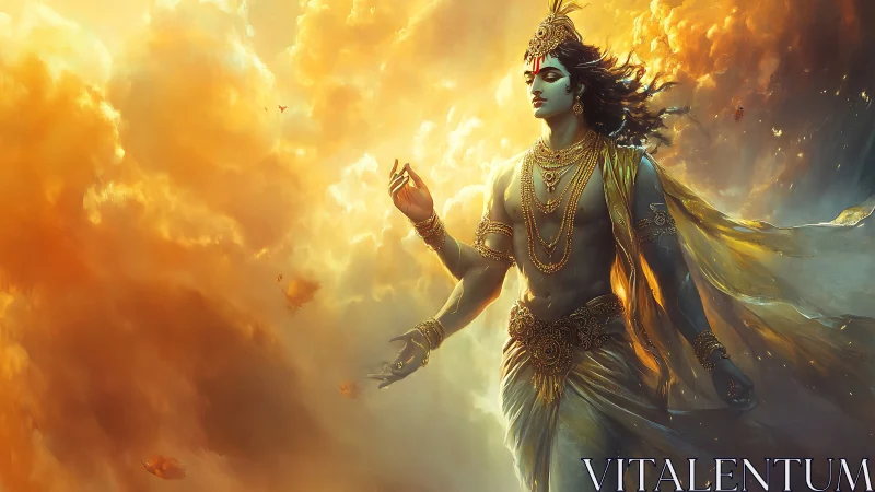 Divine celestial figure in golden stormlit ethereal clouds.