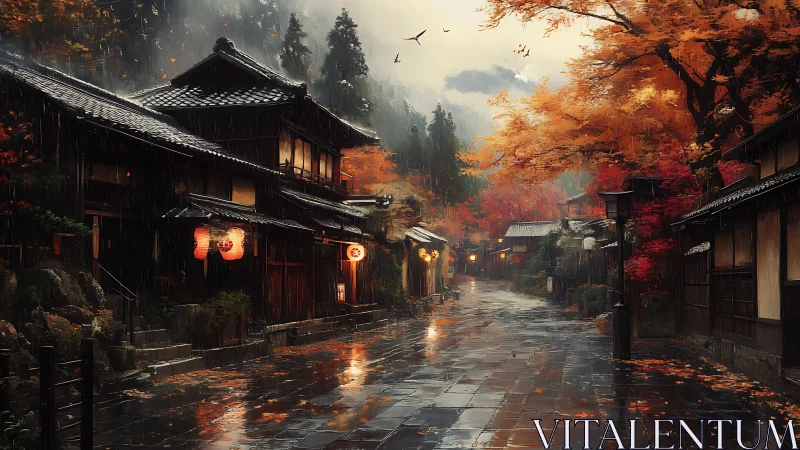Rainy traditional street shows wet stone path and autumn trees