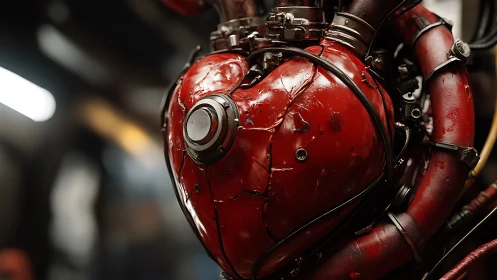 Mechanical red heart-shaped engine assembly is shown