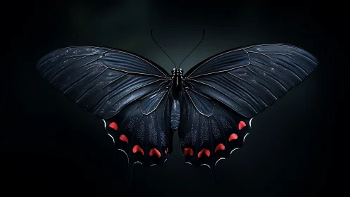 Midnight swallowtail spreads luminous wings of quiet fire.