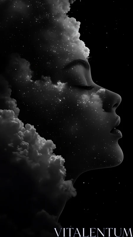 Starlit profile slips from stormy clouds into silent cosmos