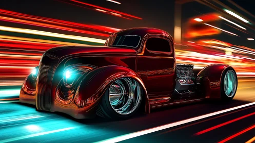 Retro-futuristic hot rod truck with exposed V8 engine at speed
