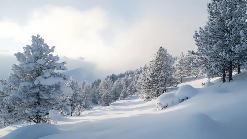 Snow-covered conifer forest on sloping alpine terrain.
