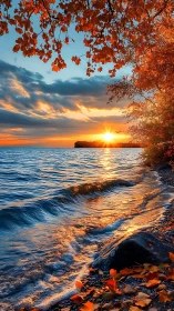 Littoral autumn sunset with specular wavefront reflections.