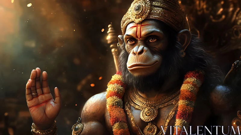 Divine monkey deity rendered with ornate golden regalia