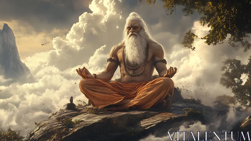 Mountain sage rests in peaceful meditation above soft clouds