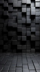 Softly lit black cube wall with a sleek tiled floor.