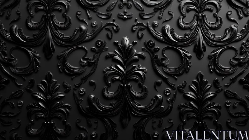 Glossy black baroque ornament pattern covers dark surface