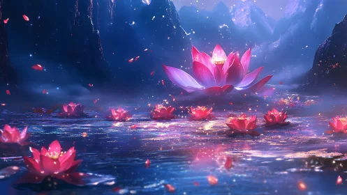 Luminous lotus blooms glow over twilight crystal lake.