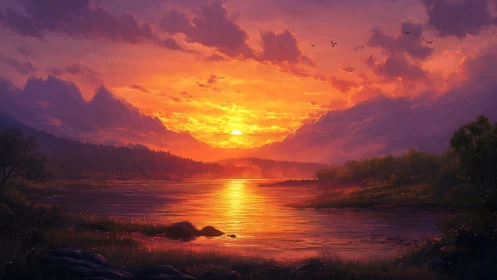 Sunlit mountain lake reflects vivid orange sunset sky