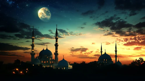 Crescent moon over domed mosque skyline at cinematic sunset.