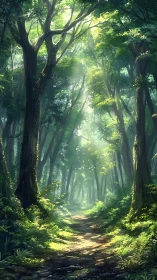 Sunlit Forest Path Through Towering Trees.