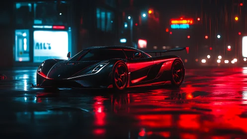 Midnight supercar glowing under neon city rainlight.