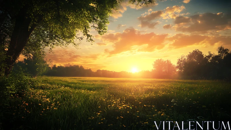Low-angle meadow sunrise with volumetric atmospheric light field.