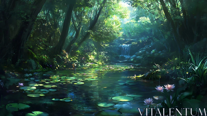 Enchanted Forest Stream with Waterfalls and Lily Ponds.