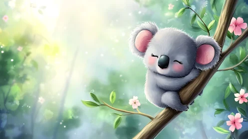 Cute sleeping koala hugging a tree branch in soft forest