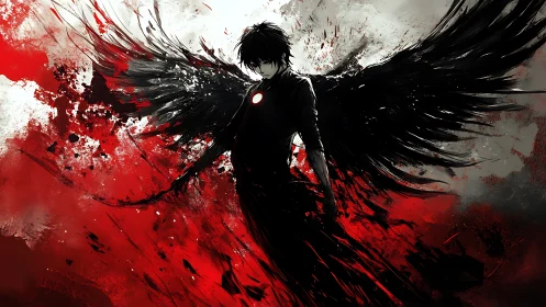 Dark-winged humanoid over red splatter vortex in digital chiaroscuro.