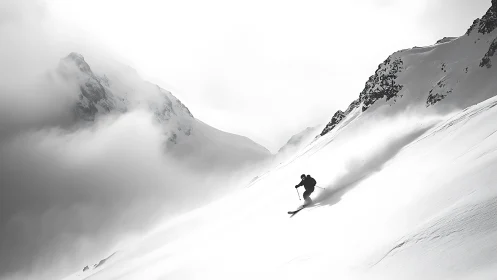 Lone skier carves luminous tracks through silent alpine veil.