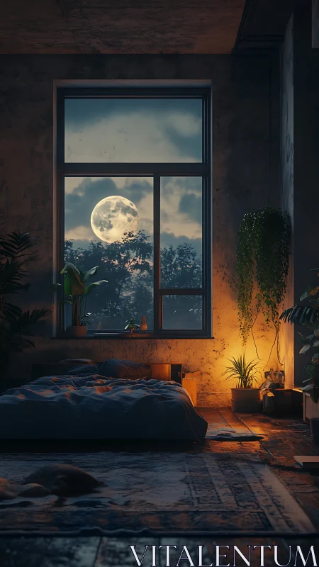 Bedroom interior with moonlit window and warm accent lamp.