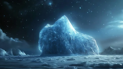 Large solitary iceberg under star-filled polar night sky.