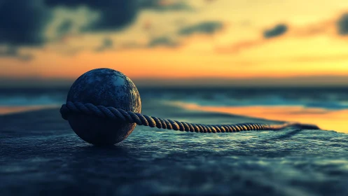 Tidal mooring sphere and coiled rope in shallow depth dusk scene.