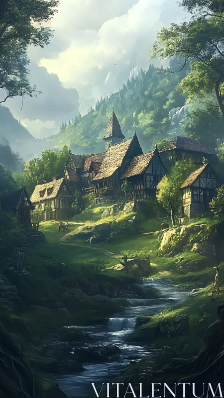 Sunlit medieval valley village beside winding streamscape.