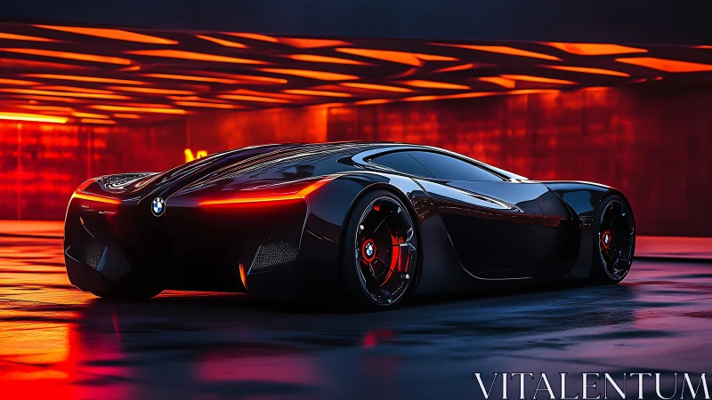 Futuristic BMW concept supercar under neon red tunnel lighting.