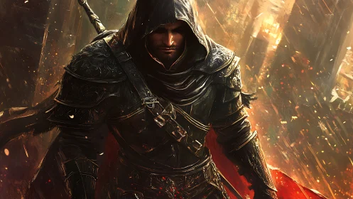 Hooded armored figure stands in illuminated urban ruins
