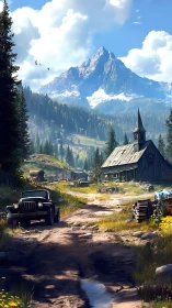 Mountain chapel and rustic trucks rest beneath towering peak.