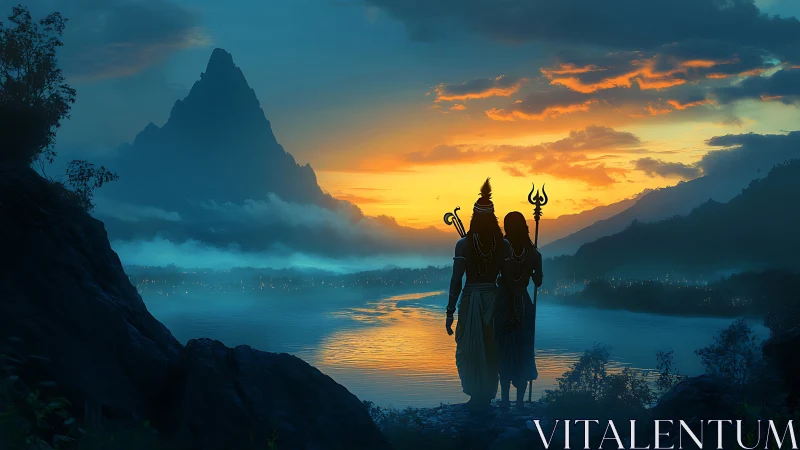 Mythic riverfront deities at twilight before pyramidal peak