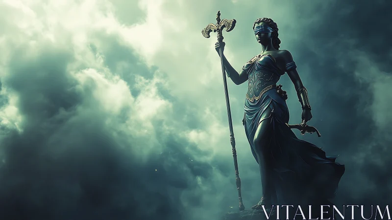 Blindfolded justice statue rises against stormy sky