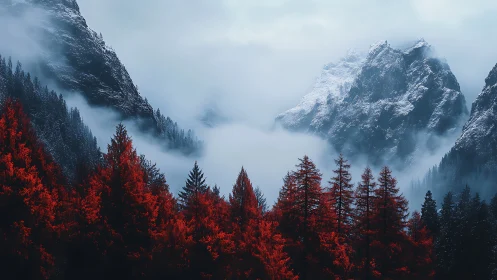 Crimson forest below whispering blue glaciers in fogged silence.