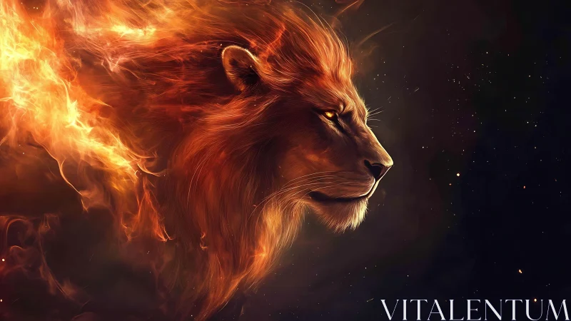 Fire crowned lion profile burns through cosmic shadow.