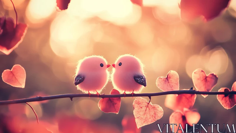 Pink Songbirds Perched on Twig with Heart-Shaped Foliage.