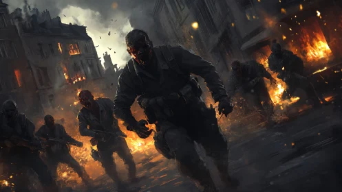Undead soldiers charge through burning war-torn city street at night