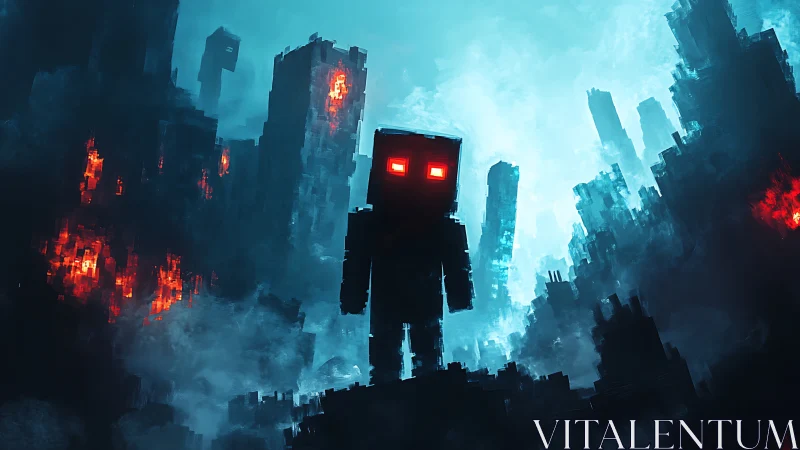 Pixel sentinel over neon-ruined cityscape at duskfall.