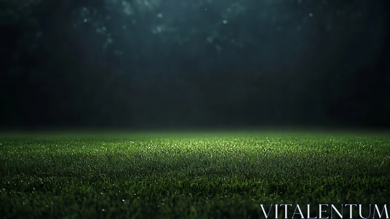 Moonlit dew over a quiet field of midnight green grass.