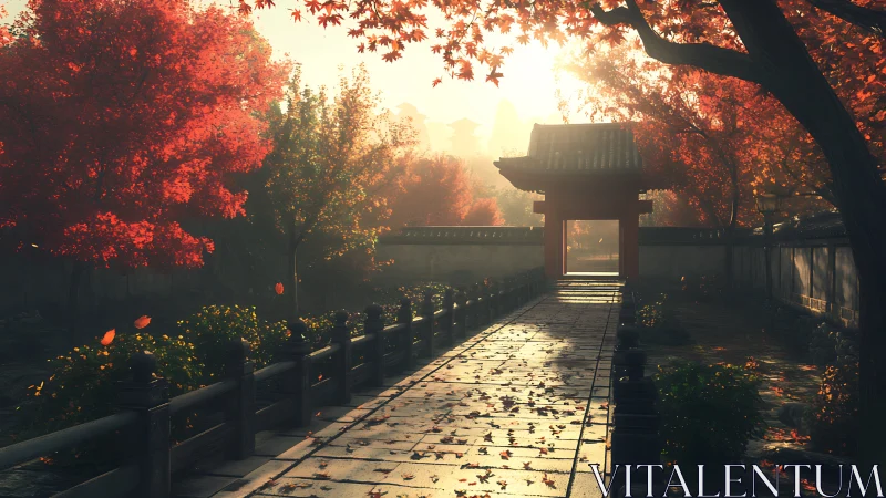 Sunlit stone path passes gate in maple filled garden