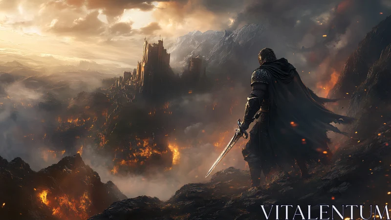 Armored swordsman overlooking burning citadel at dusk